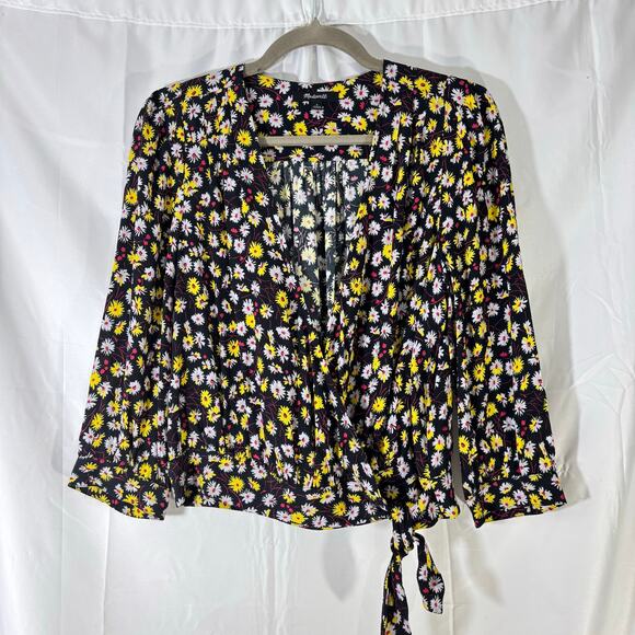 Madewell French Floral Wrap Top — True Black Daisy Print, Side Tie Blouse Small - Picture 2 of 5